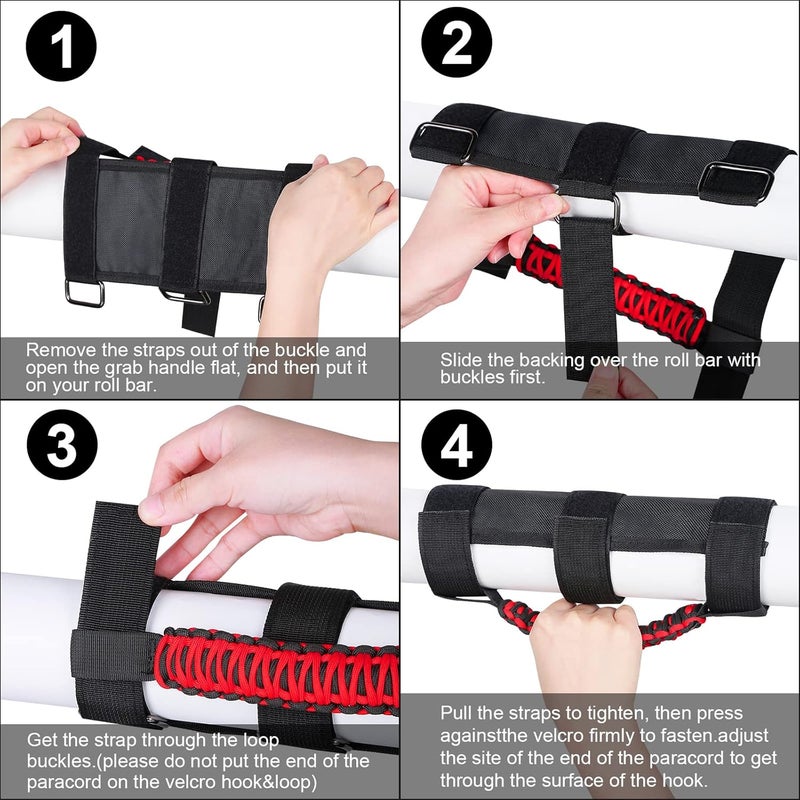 KOOLYNHO Roll Bar Grab Handles Hand Grips Accessories Paracord Hand Grab for Jeep Wrangler JL JK TJ YJ Gladiator Sahara Rubicon Unlimited (Red 4 Pack) - Image 5